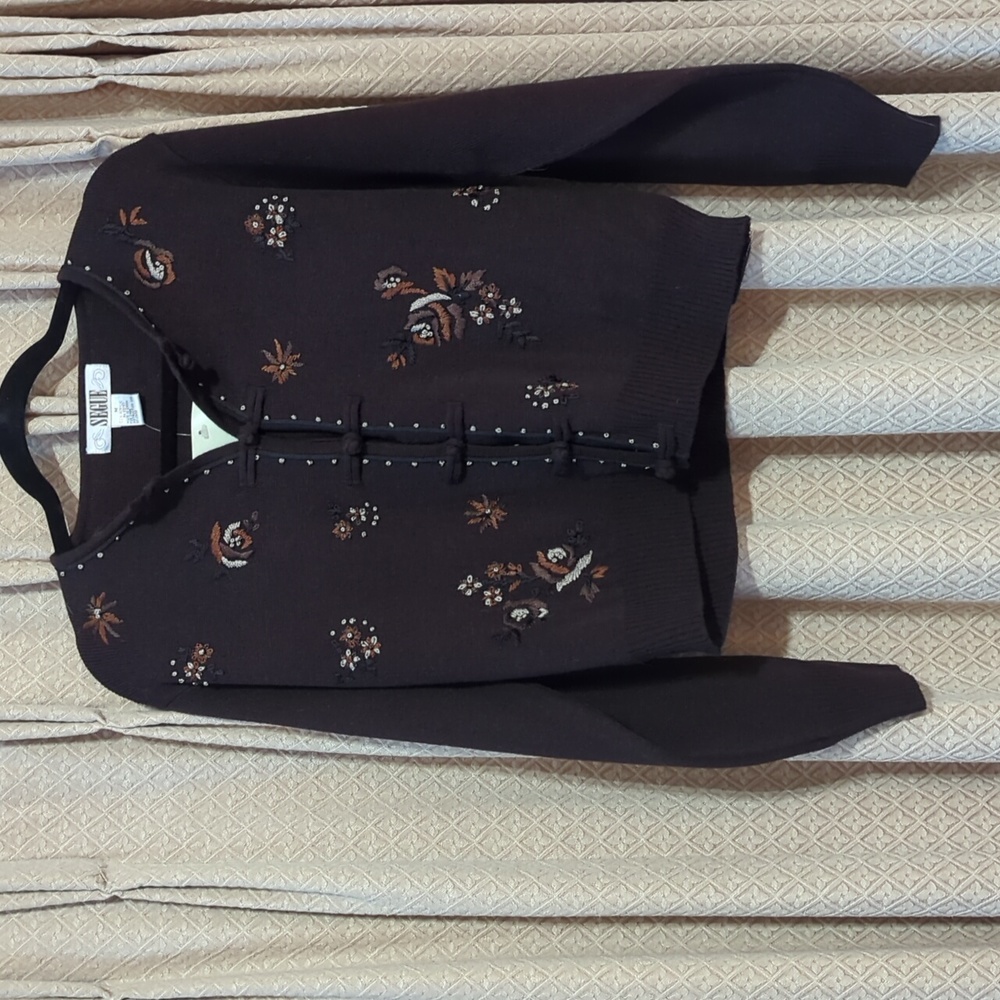 Vintage Womens Size Medium Segue Sweater Brown with Floral Embroidery Button Up
